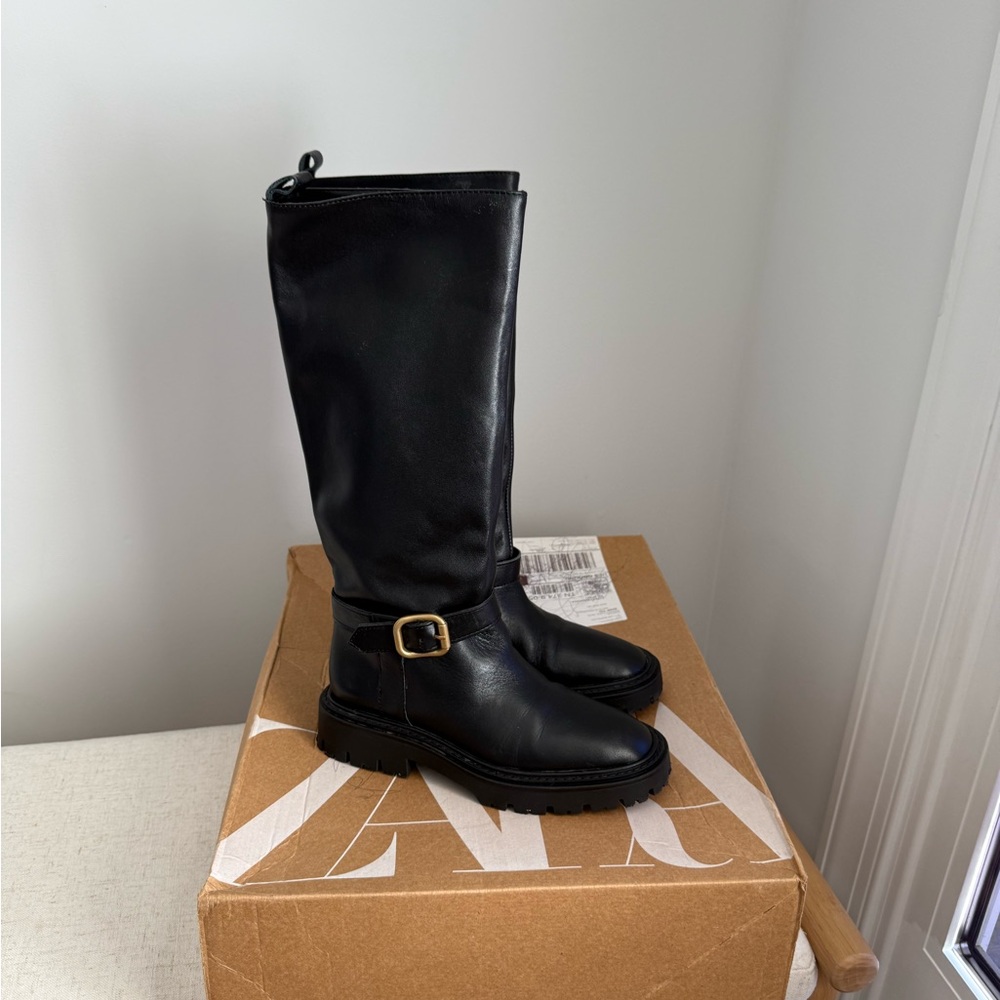 Zara Black Leather Knee-High Boots